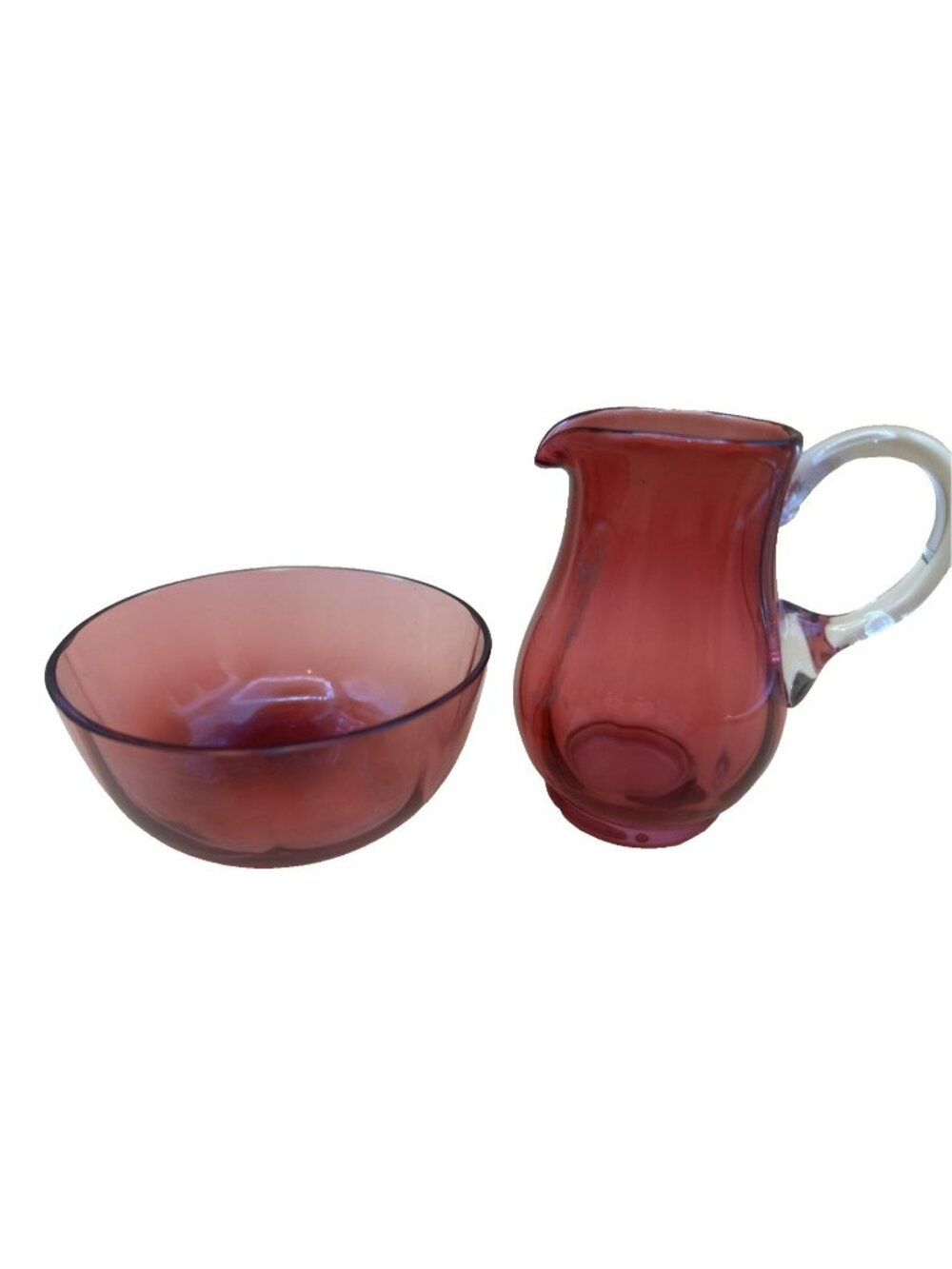 Cranberry Art Glass Mini With Applied Clear Handle And Bowl
